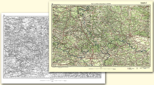 Zwei Historische Karten von SW-Deutschland im Maßstab 1:250.000. Die rechte Karte im Hintergrund ist eine schwarz-weiß-Ausgabe und die linke Karte im Vordergrund eine "Buntausgabe"