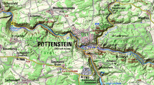 Topographische Karte mit Schummerung und Höhenlinien